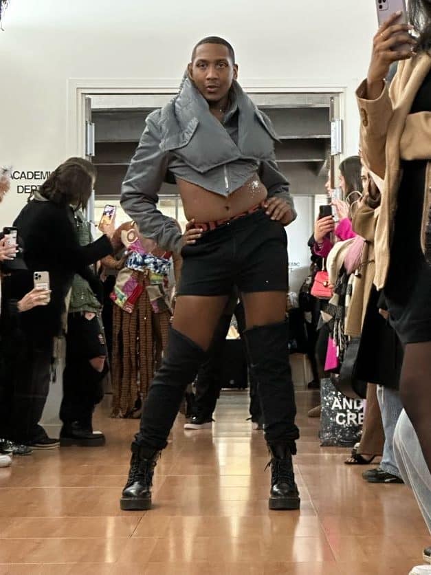 Look styled by IFA Paris students Suzanna Conti and Soheil Rasoulinejad. Jacket remodeled and pants transformed into shorts and leggings.