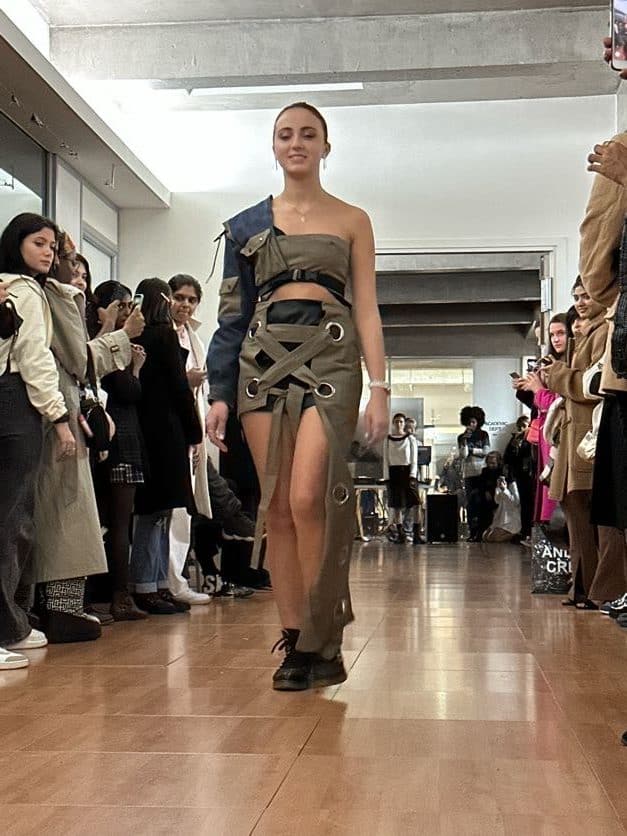 Outfit designed by IFA Paris students Sophia Etse, Sarah Inchaurtieta Duriez and Yuval Sheffer. Skirt and top designed from an upcycled curtain and fabric.