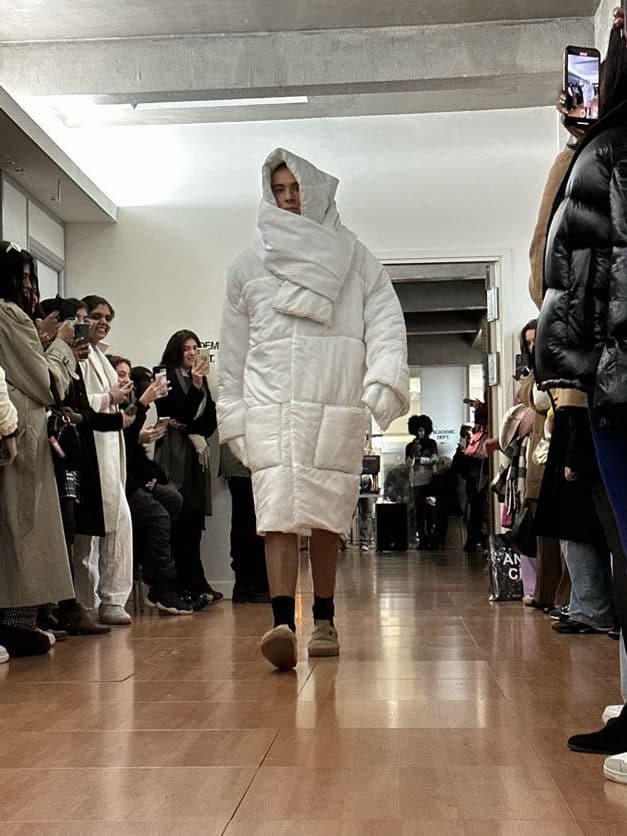 Coat designed by IFA Paris students Hendriks Stephen, Julio Fanchini and Claudia De Leon. Designed from a bed quilt.